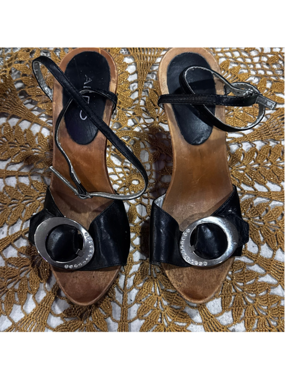 ALDO Black & Brown Metal Heeled Sandals with Rhinestone Buckle Size 8